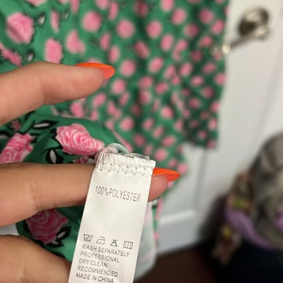 Green and Pink Long Maxi Dress Loose V Neck - Casual Rose Print Dress BRAND NEW - Picture 4 of 4